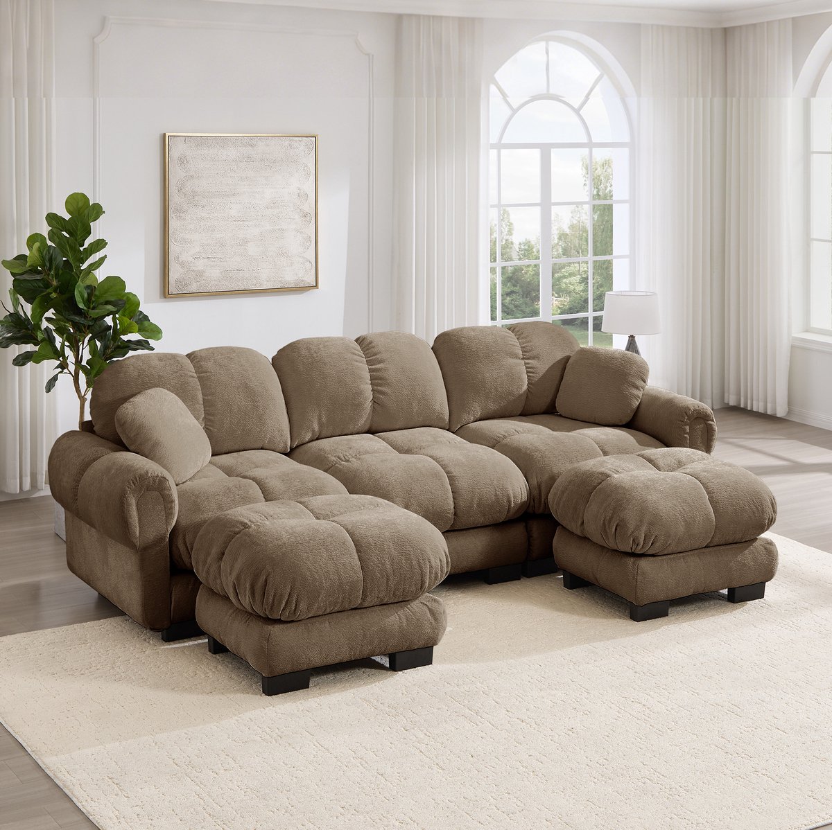 MODENUIT U-bank 260 x 149 x 90 cm - 3-zits met verplaatsbare ottomane en 2 sierkussens - Chenille - Bruin