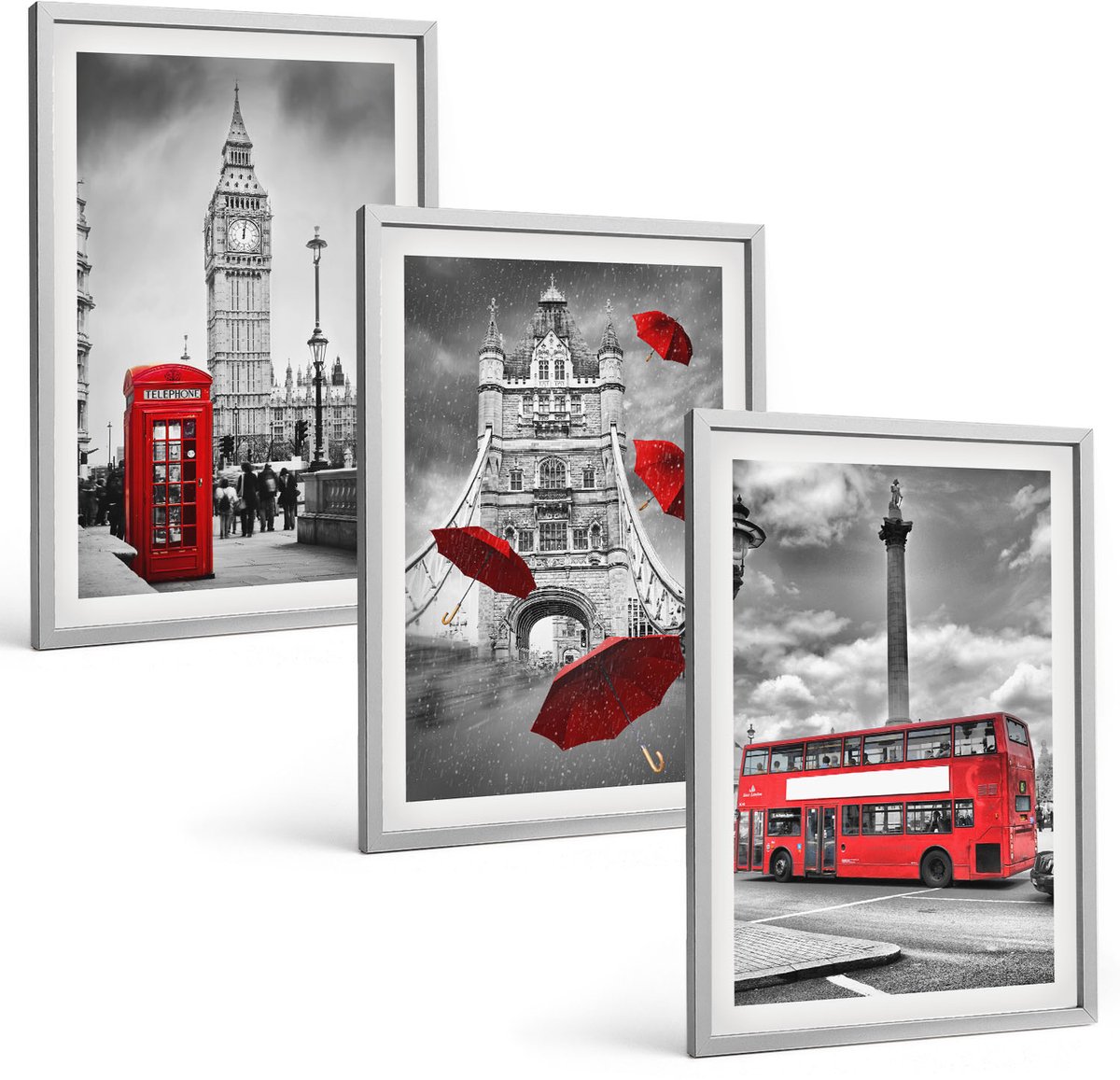 TULUP 4-Delige Schilderij Set - Uitzicht op Londen met een rode paraplu en een bus. - 40 x 60 cm - Moderne Wanddecoratie - Woonkamer Zilveren lijst