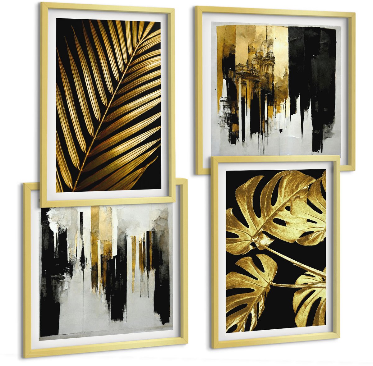 TULUP 4-Delige Schilderij Set - Palmbladeren Monsterabladeren Elegante Abstracte - 40 x 40 cm en 40 x 60 cm - Moderne Wanddecoratie - Woonkamer Gouden lijst