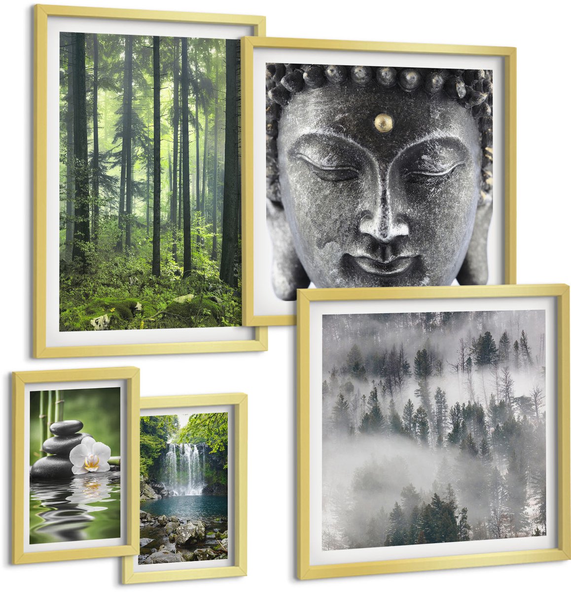 TULUP 5-Delige Schilderij Set - Rustgevende natuurthema's met zen-elementen en watervallen - 50 x 50 cm, 20 x 30 cm en 40 x 60 cm - Muurdecoratie - Wanddecoratie - Hal - Interieur Decoratie Gouden lijst