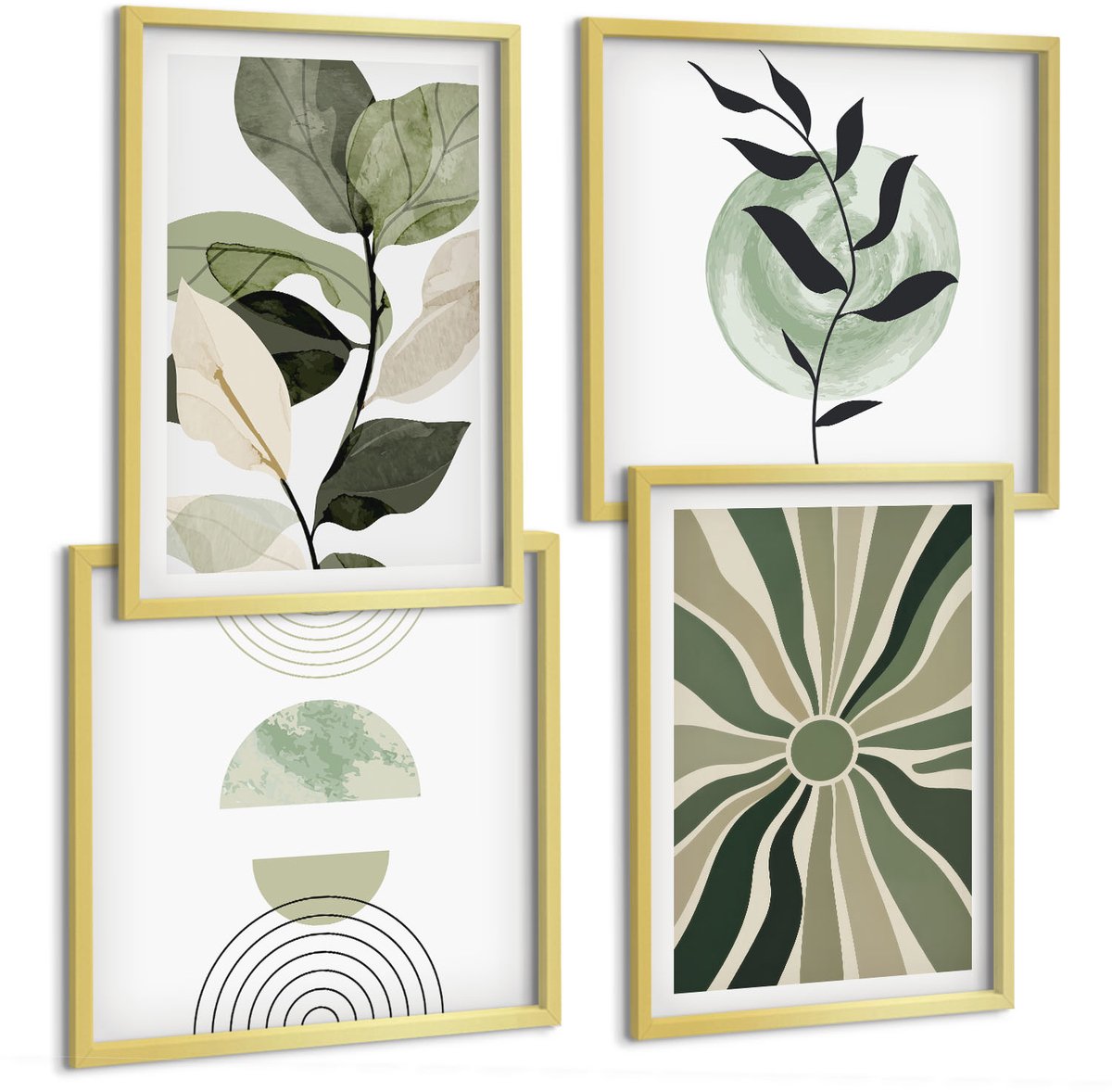 TULUP 4-Delige Schilderij Set - Plantmotieven met geometrische vormen in groen - 40 x 40 cm en 40 x 60 cm - Decoratieve Muurdecoratie - Slaapkamer - Moderne Wanddecoratie Gouden lijst