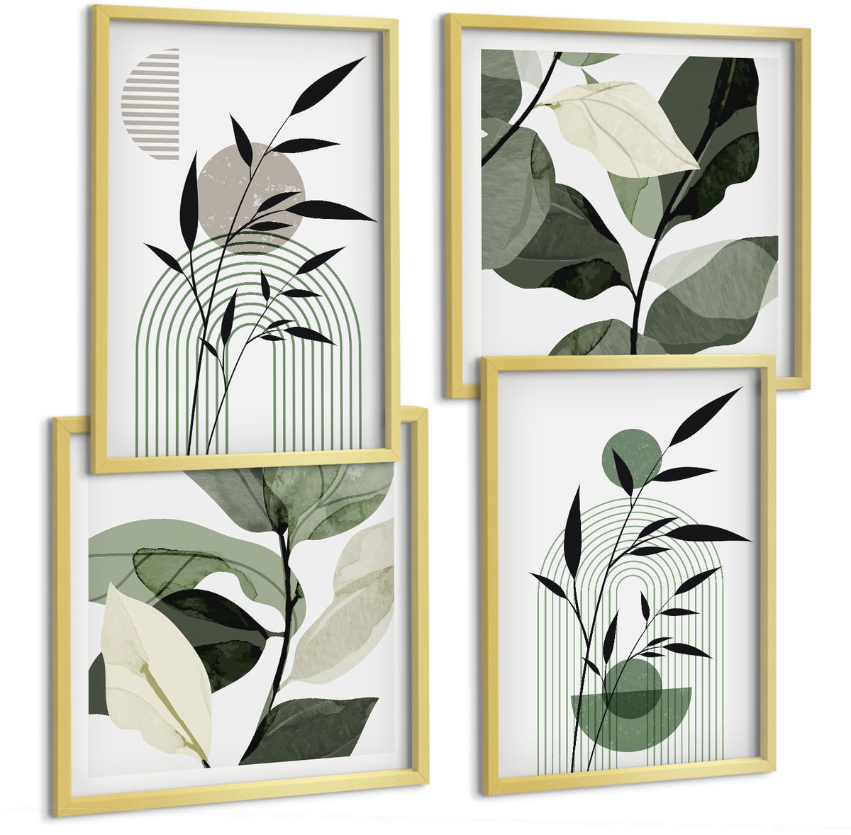 TULUP 4-Delige Schilderij Set - Abstracte plantencomposities in boho-stijl - 40 x 40 cm en 40 x 60 cm - Wanddecoratie - Schilderijen Set - Kantoor - Decoratieve Schilderijen Gouden lijst