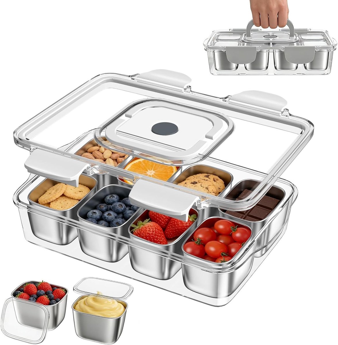 Snackbox met 8 Roestvrijstalen Vakken - Vaatwasmachinebestendig - Voor Snacks, Fruit en Dips - Draagbaar met Deksel