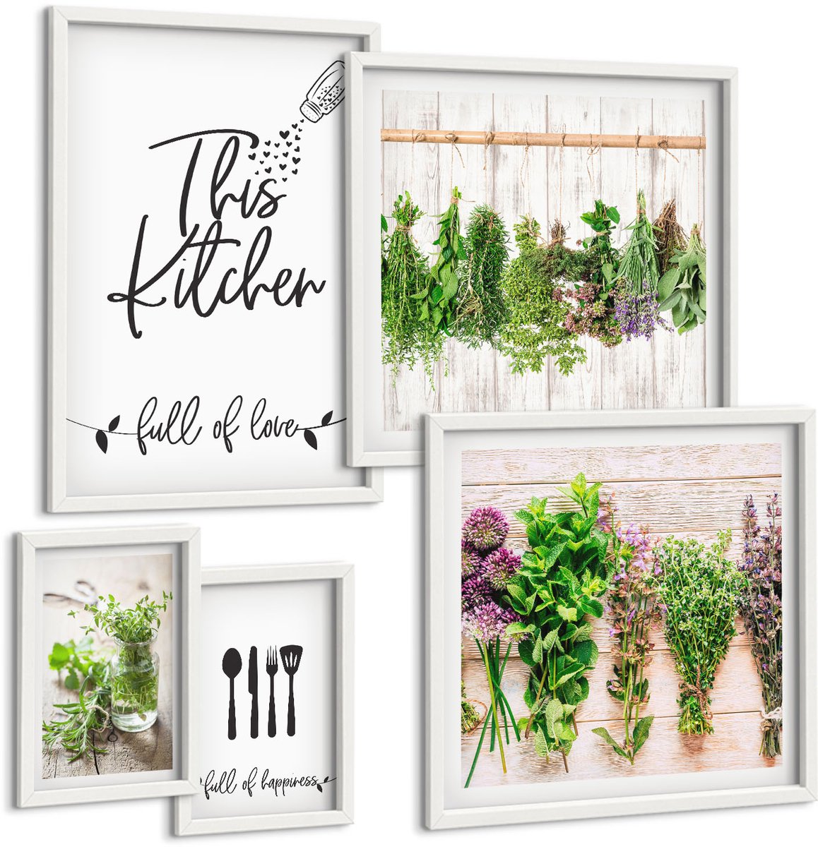 Tulup 4-Delige Schilderij Set - Inspiratie voor een rustieke, kruidige keuken - 50 x 50 cm, 20 x 30 cm en 40 x 60 cm - Muurdecoratie - Schilderijen Set - Woonkamer - Stijlvolle Muurdecoratie