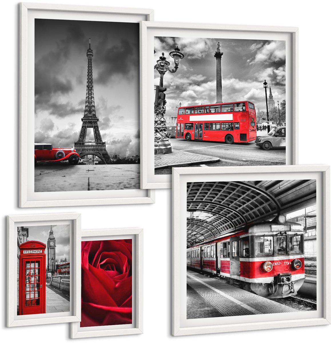 Tulup 4-Delige Schilderij Set - Europese architectonische iconen en klassieke voertuigen - 50 x 50 cm, 20 x 30 cm en 40 x 60 cm - Muurdecoratie - Schilderijen Set - Woonkamer - Wanddecoratie