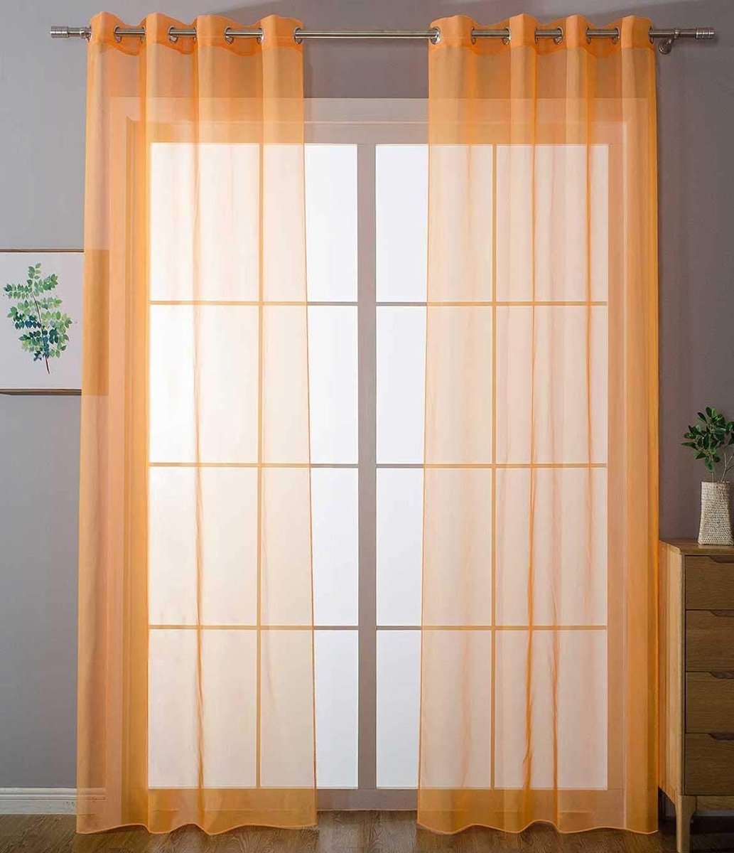 Vitrages kant en klaar plooiband - Oranje - 140 x 175 cm - Transparant Voile - Voor Woonkamers