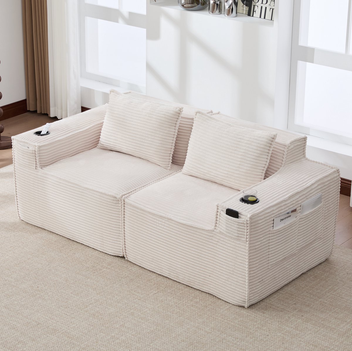 MODENUIT Zitbank 2-Zits - Modulair Met Bekerhouders En Zijvakken - Voor Woonkamer En Appartement - Cord Beige