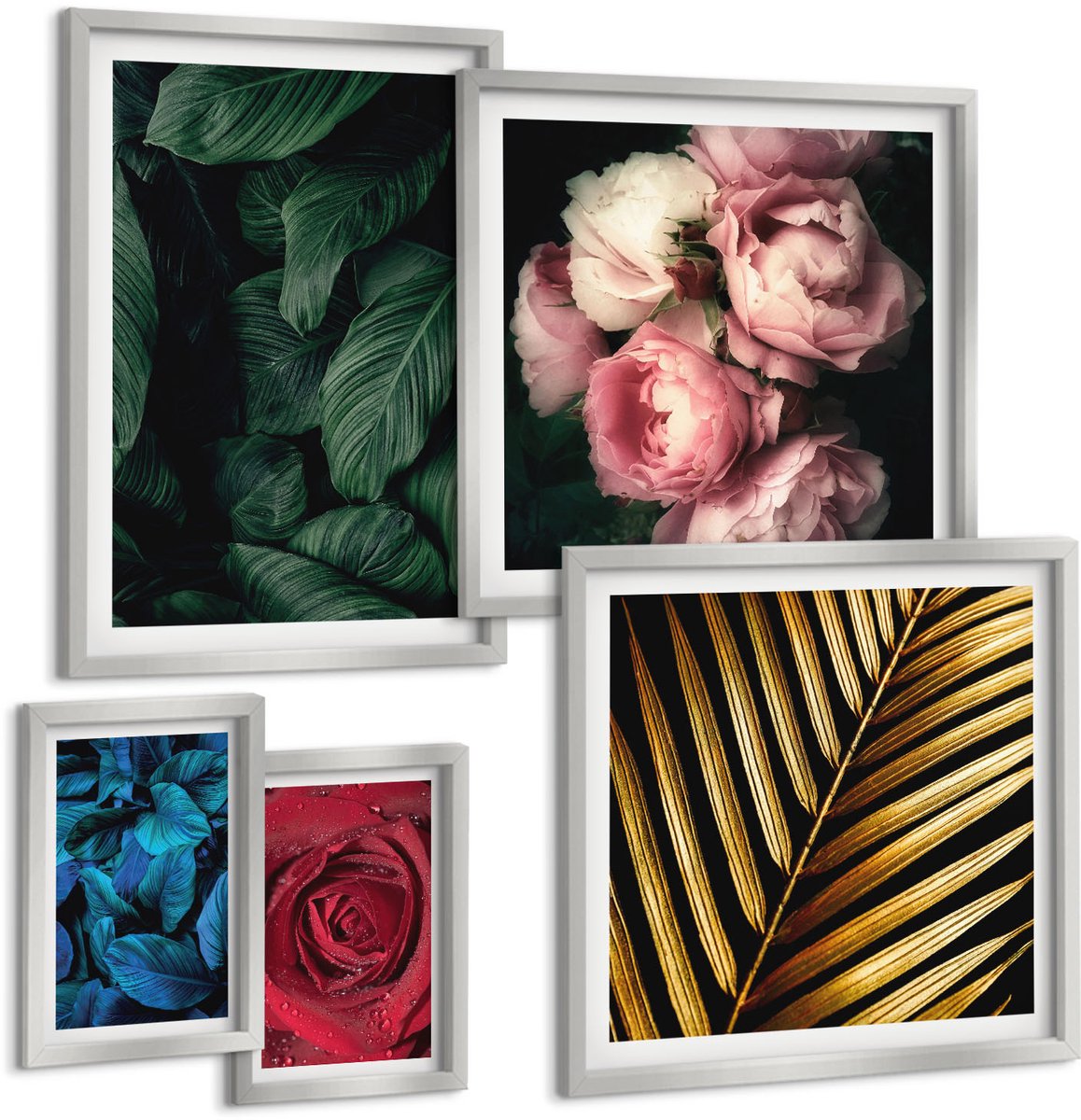 TULUP 4-Delige Schilderij Set - Plantmotieven met bloemen en bladeren in een natuurlijke stijl - 50 x 50 cm, 20 x 30 cm en 40 x 60 cm - Stijlvolle Wanddecoratie - Interieur - Moderne Wanddecoratie Zilveren lijst