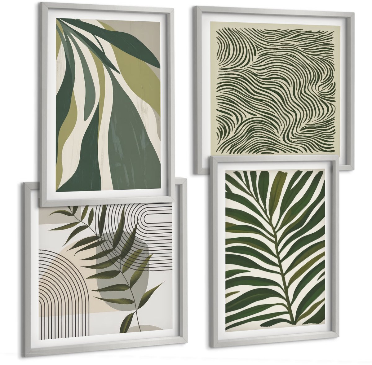 TULUP 4-Delige Schilderij Set - Bladpatronen en golvende lijnen in pastelillustraties - 40 x 40 cm en 40 x 60 cm - Muurdecoratie - Wanddecoratie - Slaapkamer - Stijlvolle Muurdecoratie Zilveren lijst