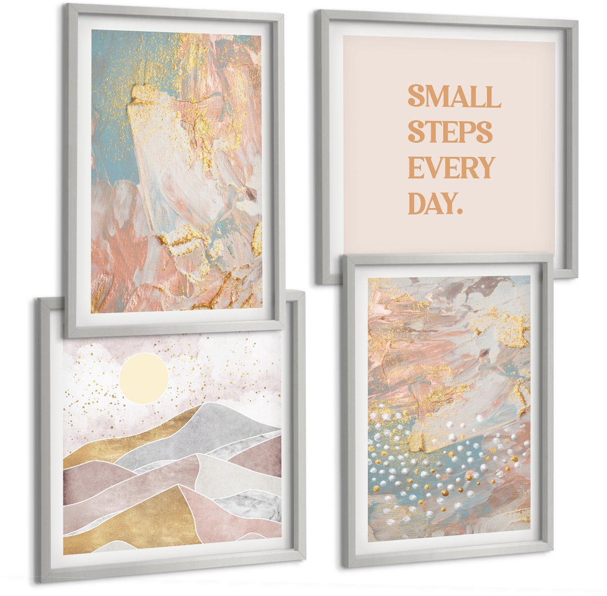 TULUP 4-Delige Schilderij Set - Abstracte patronen in pastelkleuren en textuur - 40 x 40 cm en 40 x 60 cm - Decoratieve Muurdecoratie - Slaapkamer - Stijlvolle Muurdecoratie Zilveren lijst