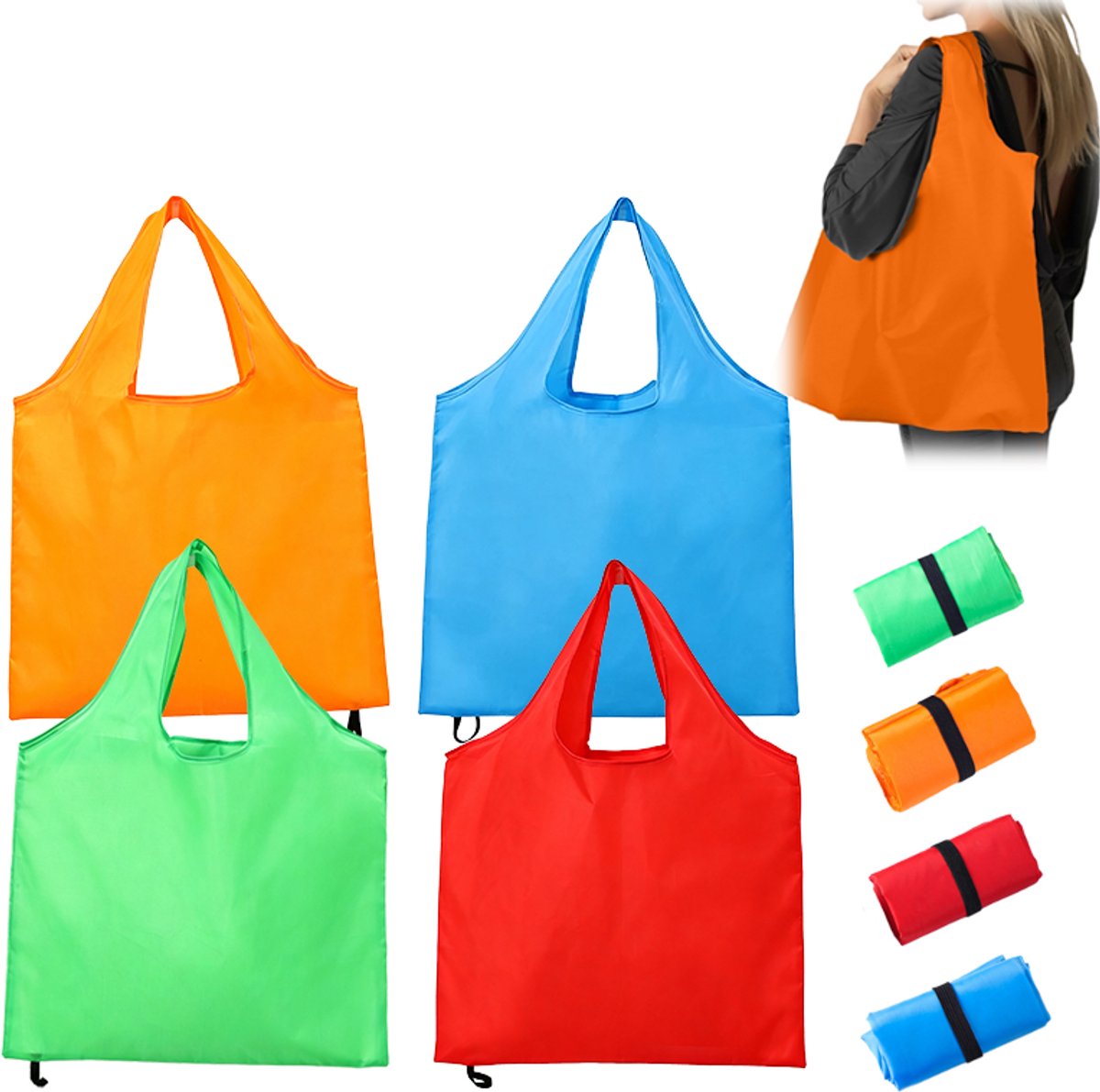 4 stuks - Shopper boodscappentas - Boodschappentassen stevig - Opvouwbare boodschappentas - 46 × 66 cm - Herbruikbare - Rood - Oranje - Groen - Blauw - voor dagelijks winkelen en uitstapjes