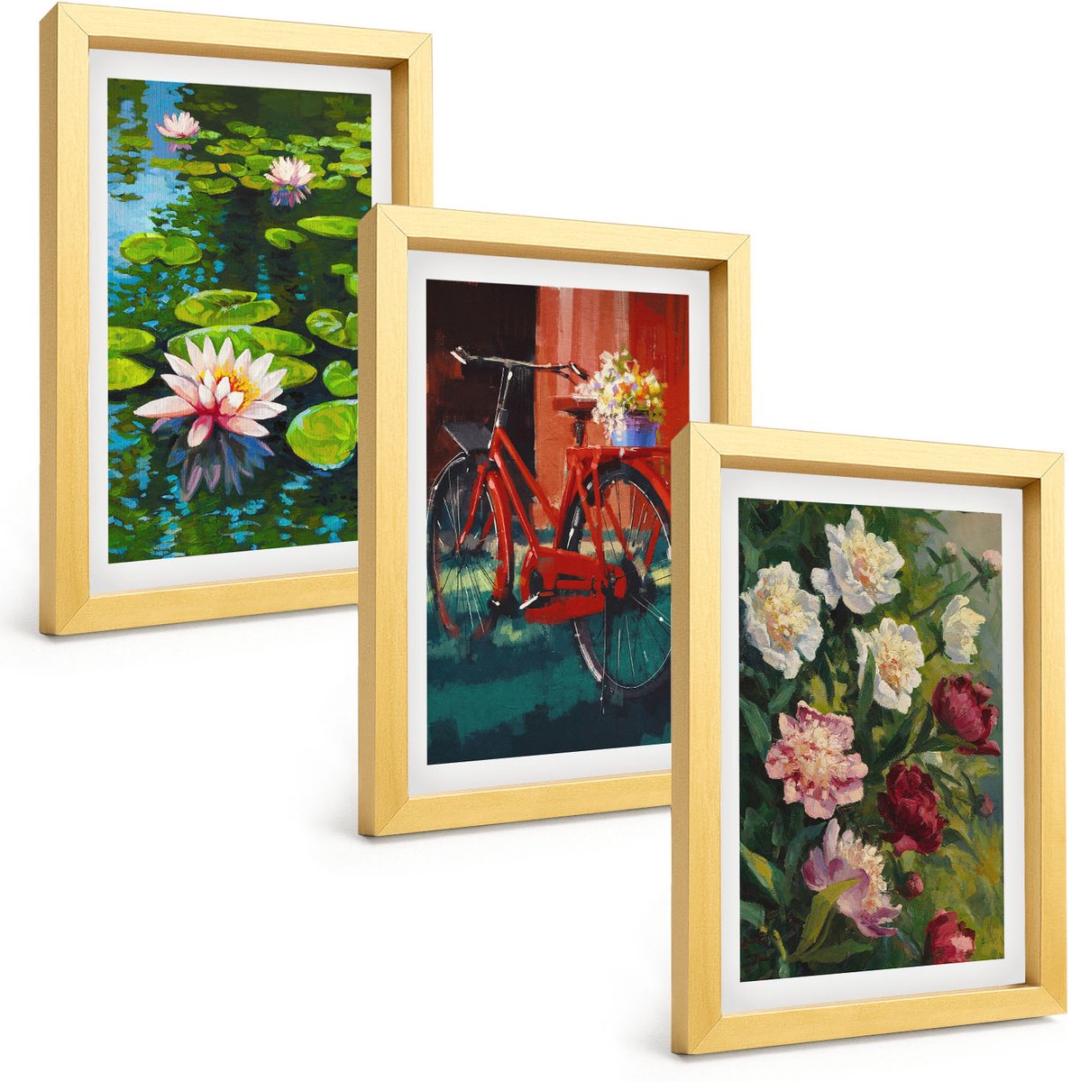 TULUP 4-Delige Schilderij Set - Lelies op de waterfiets in de tuin, kleurrijke bloemen - 20 x 30 cm - Moderne Wanddecoratie - Slaapkamer - Woonkamer Decoratie Gouden lijst