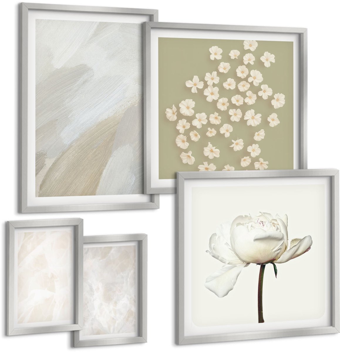 TULUP 4-Delige Schilderij Set - Bloemen en trendy texturen, delicate boho-stijl - 50 x 50 cm, 20 x 30 cm en 40 x 60 cm - Muurdecoratie - Wanddecoratie - Slaapkamer - Moderne Wanddecoratie Zilveren lijst