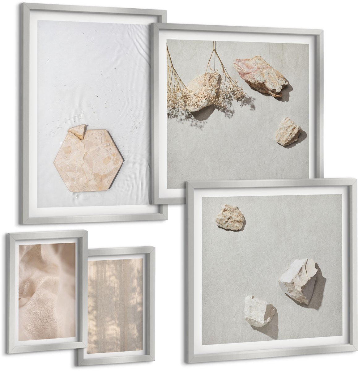 TULUP 4-Delige Schilderij Set - Subtiele texturen in een natuurlijke boho-stijl - 50 x 50 cm, 20 x 30 cm en 40 x 60 cm - Decoratieve Schilderijen - Woonkamer - Interieur - Moderne Wanddecoratie Zilveren lijst