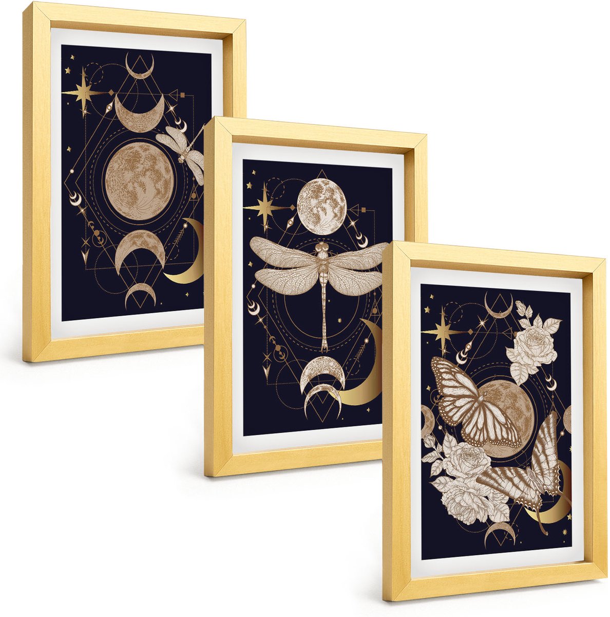 TULUP 4-Delige Schilderij Set - Natuurthema's met de maan, de ruimte en bloemen. - 20 x 30 cm - Muurdecoratie - Interieur Decoratie - Stijlvolle Muurdecoratie Gouden lijst