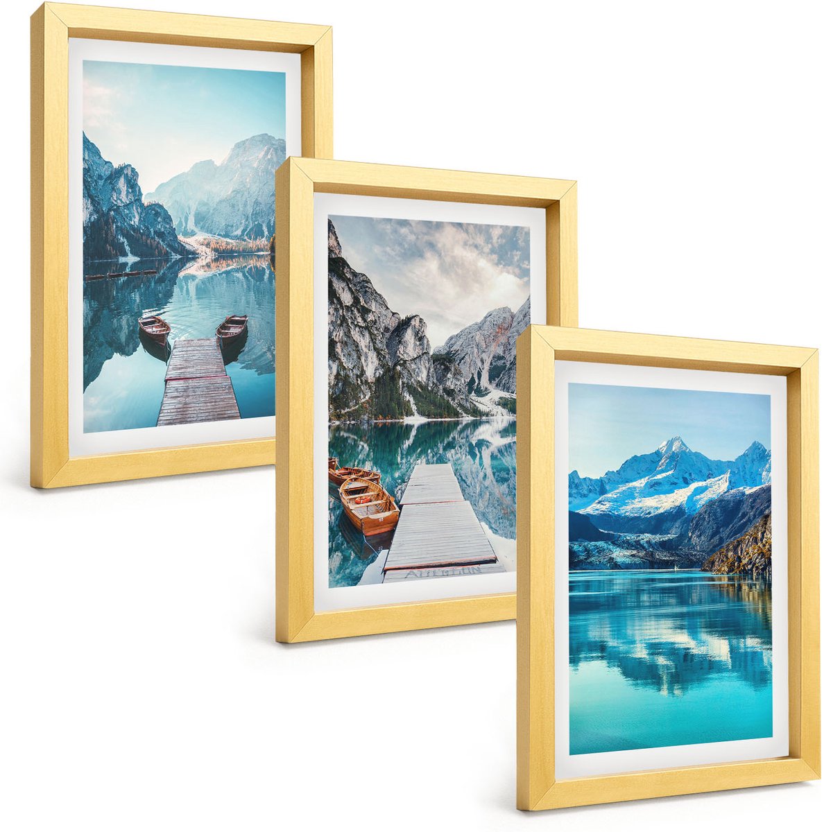 TULUP 4-Delige Schilderij Set - Bergmeren met boten en weerspiegelingen in het water. - 20 x 30 cm - Wanddecoratie - Woonkamer Decoratie Gouden lijst
