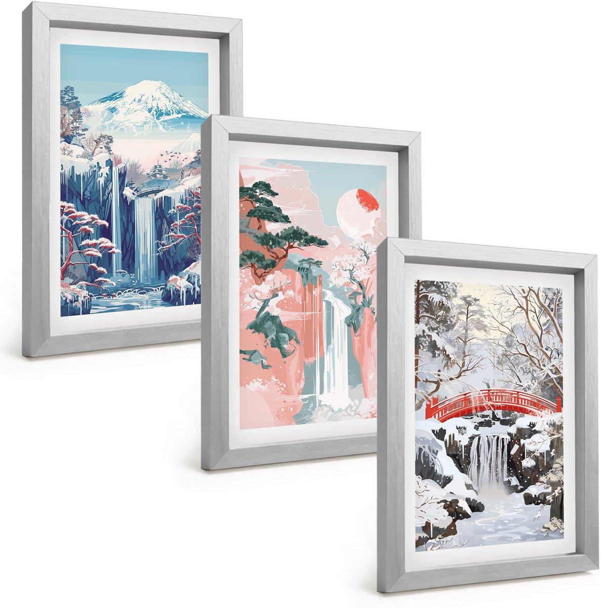 Tulup 4-Delige Schilderij Set - Berglandschappen en watervallen in verschillende seizoenen - 20 x 30 cm - Wanddecoratie - Schilderijen Set - Interieur - Stijlvolle Muurdecoratie