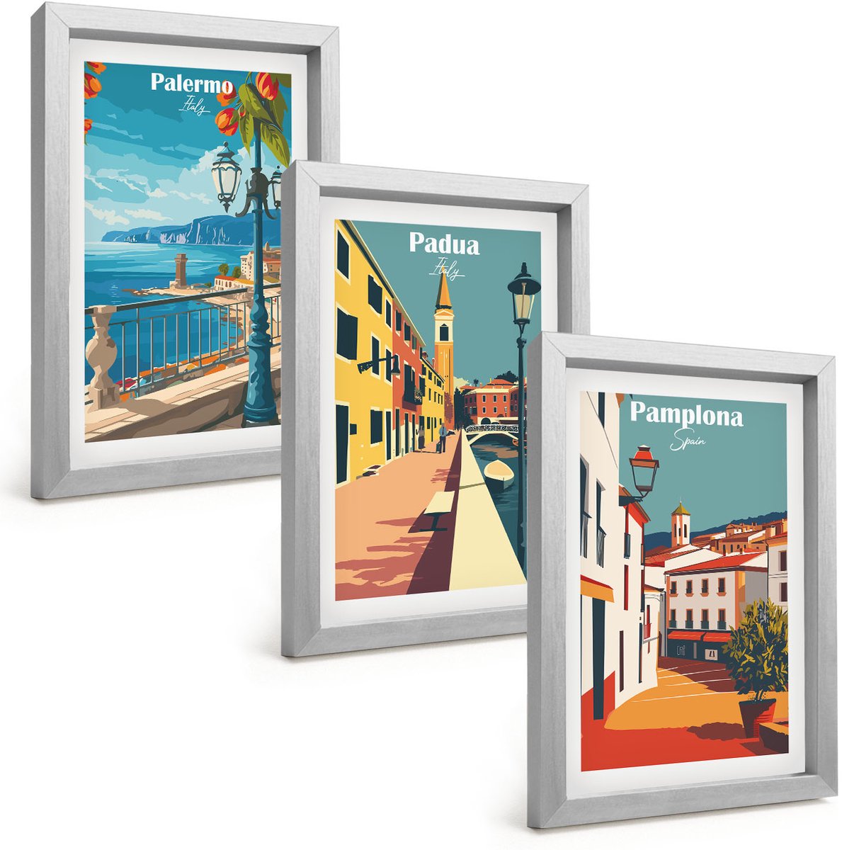 Tulup 4-Delige Schilderij Set - Populaire steden in retro illustratieve stijl - 20 x 30 cm - Stijlvolle Wanddecoratie - Interieur - Decoratieve Schilderijen