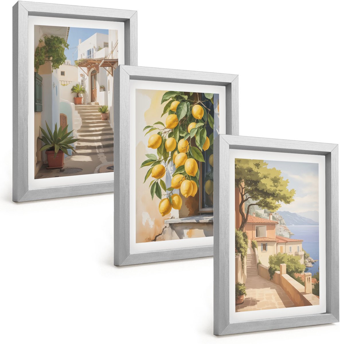 Tulup 4-Delige Schilderij Set - Sfeervolle straatjes met citroenbomen en uitzicht op zee. - 20 x 30 cm - Muurdecoratie - Wanddecoratie - Hal - Interieur Decoratie