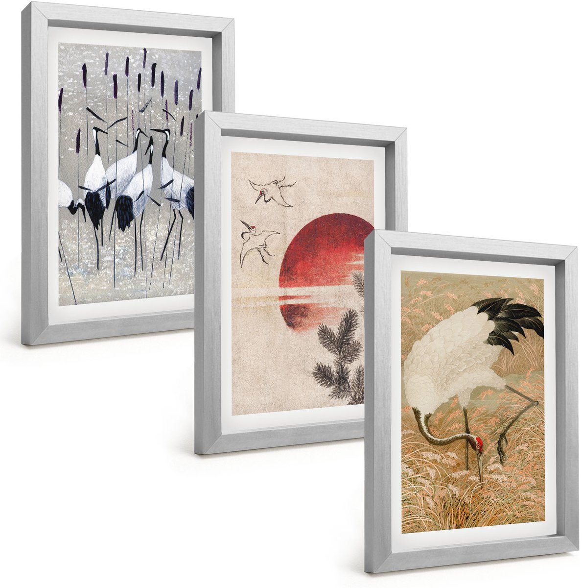 Tulup 4-Delige Schilderij Set - Illustraties van Japanse kraanvogels Japandi Landschap - 20 x 30 cm - Wanddecoratie - Schilderijen Set - Interieur - Moderne Wanddecoratie
