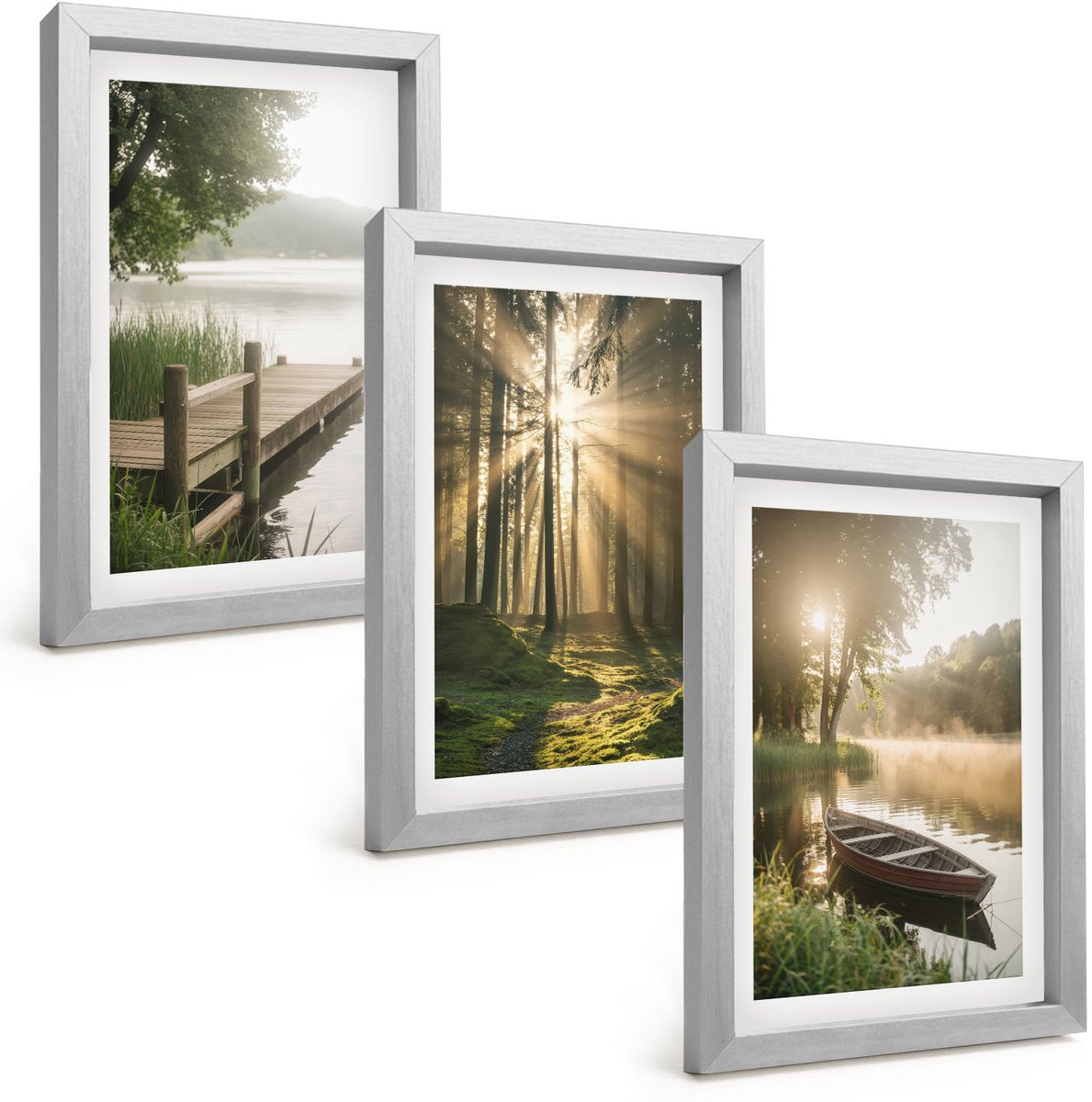 Tulup 4-Delige Schilderij Set - Rustig meer, bos en boot in de ochtendmist - 20 x 30 cm - Wanddecoratie - Schilderijen Set - Interieur - Stijlvolle Muurdecoratie