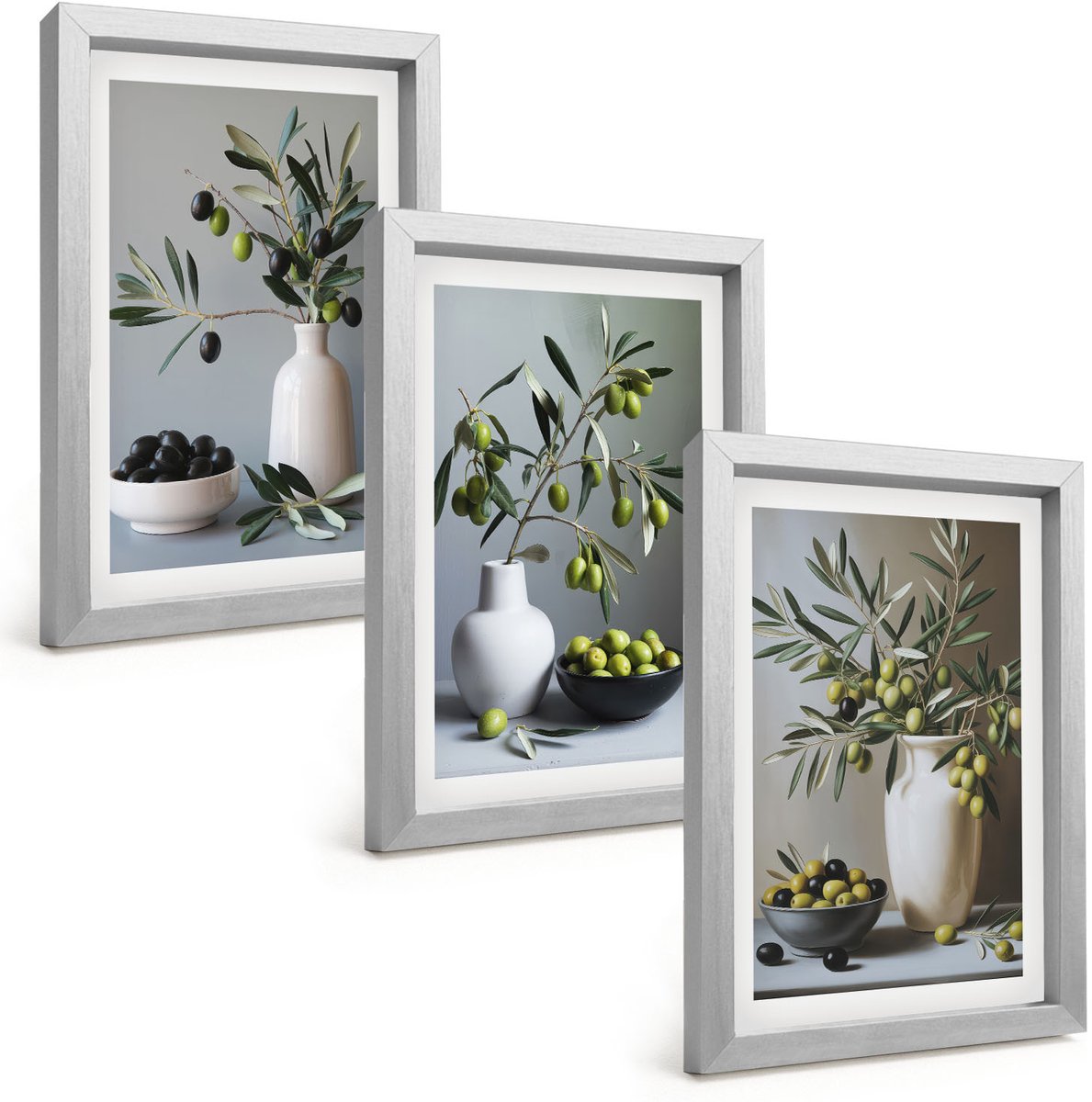 Tulup 4-Delige Schilderij Set - Olijven in vazen ​​tegen een achtergrond van gedempte kleuren. - 20 x 30 cm - Decoratieve Schilderijen - Wanddecoratie - Hal