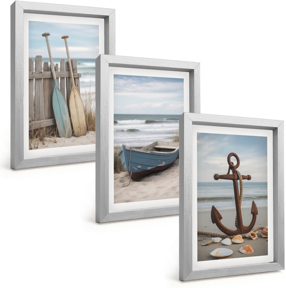 Tulup 4-Delige Schilderij Set - Strand met een roeiboot en een anker op het zand - 20 x 30 cm - Muurdecoratie - Wanddecoratie - Hal - Decoratieve Schilderijen