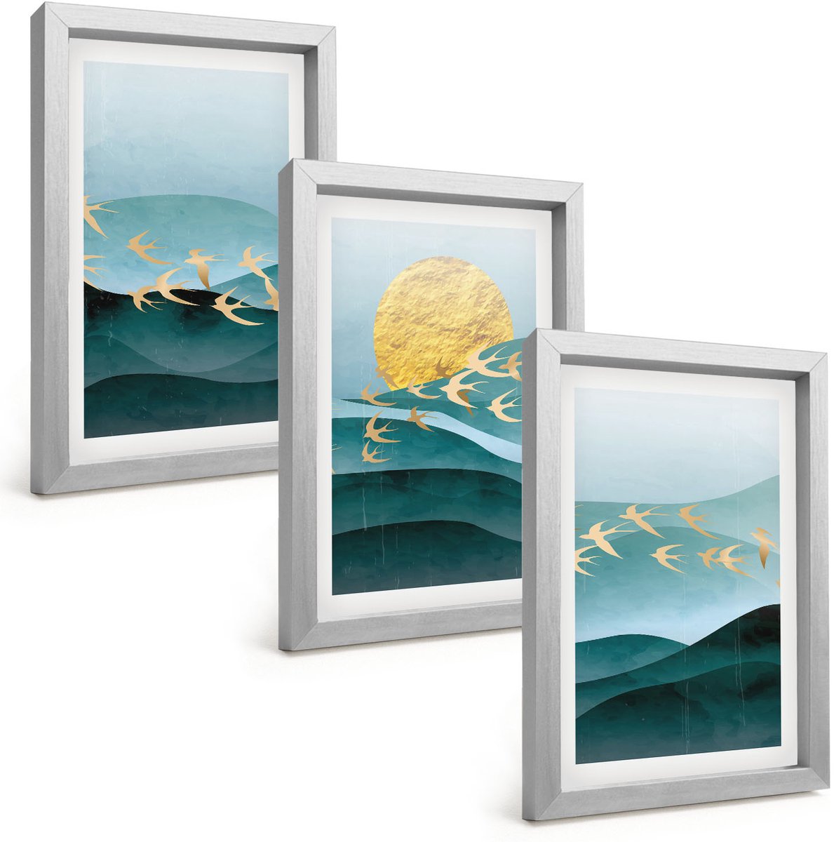 Tulup 4-Delige Schilderij Set - Abstracte landschappen met zonnestralen en vliegende vogels - 20 x 30 cm - Decoratieve Muurdecoratie - Slaapkamer - Interieur Decoratie