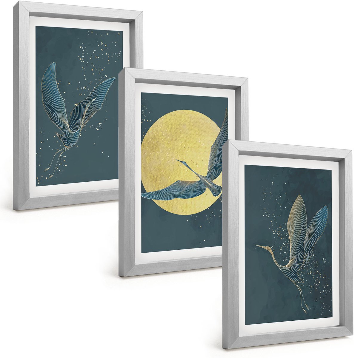 Tulup 4-Delige Schilderij Set - Kraanvogels in vlucht tegen de achtergrond van de maan en de sterren. - 20 x 30 cm - Decoratieve Schilderijen - Wanddecoratie - Hal - Muurdecoratie