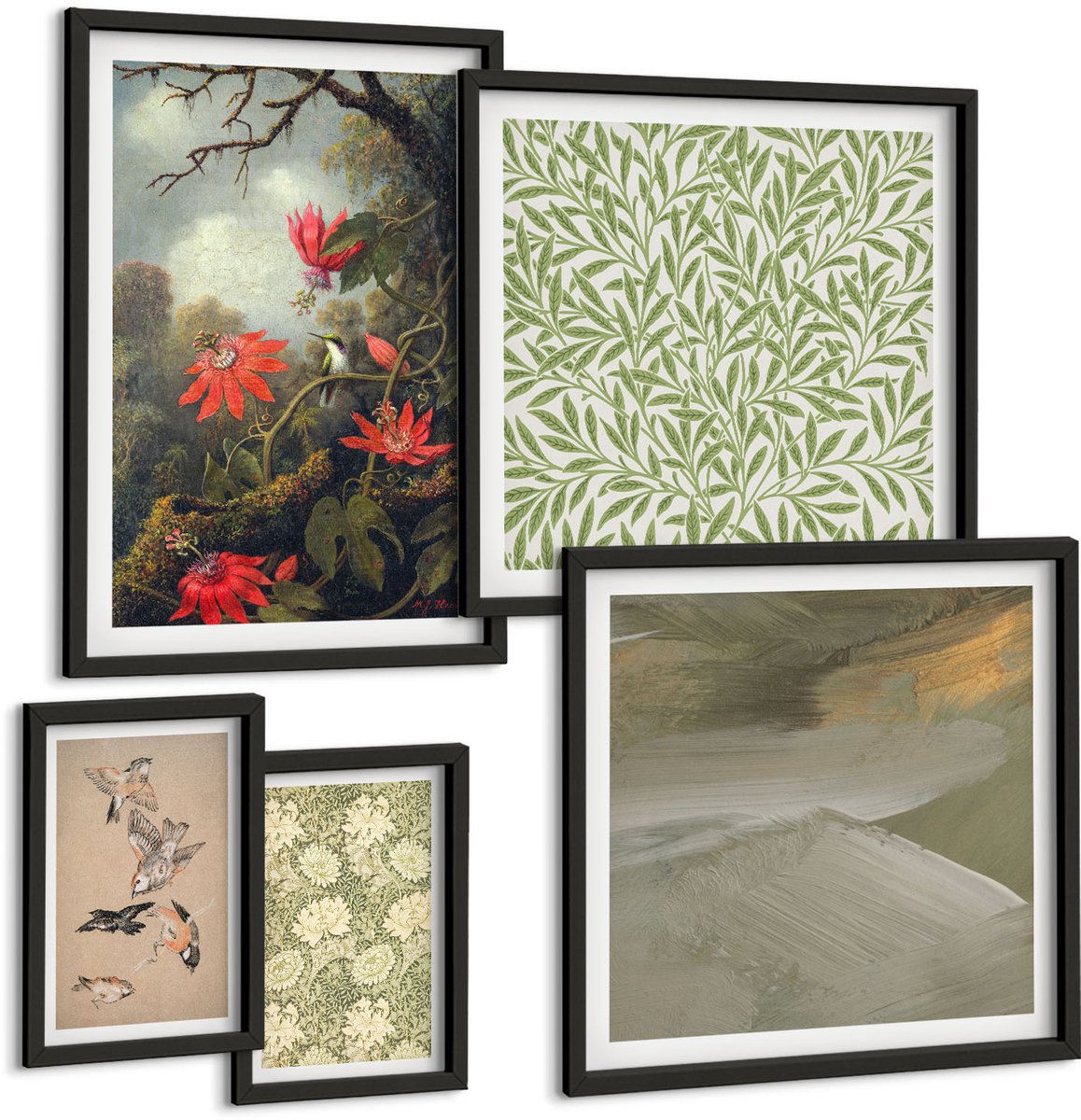Tulup 4-Delige Schilderij Set - Bloemen en vogels in natuurlijke decoratieve motieven - 50 x 50 cm, 20 x 30 cm en 40 x 60 cm - Wanddecoratie - Muurdecoratie - Moderne Interieurdecoratie - Moderne Wanddecoratie