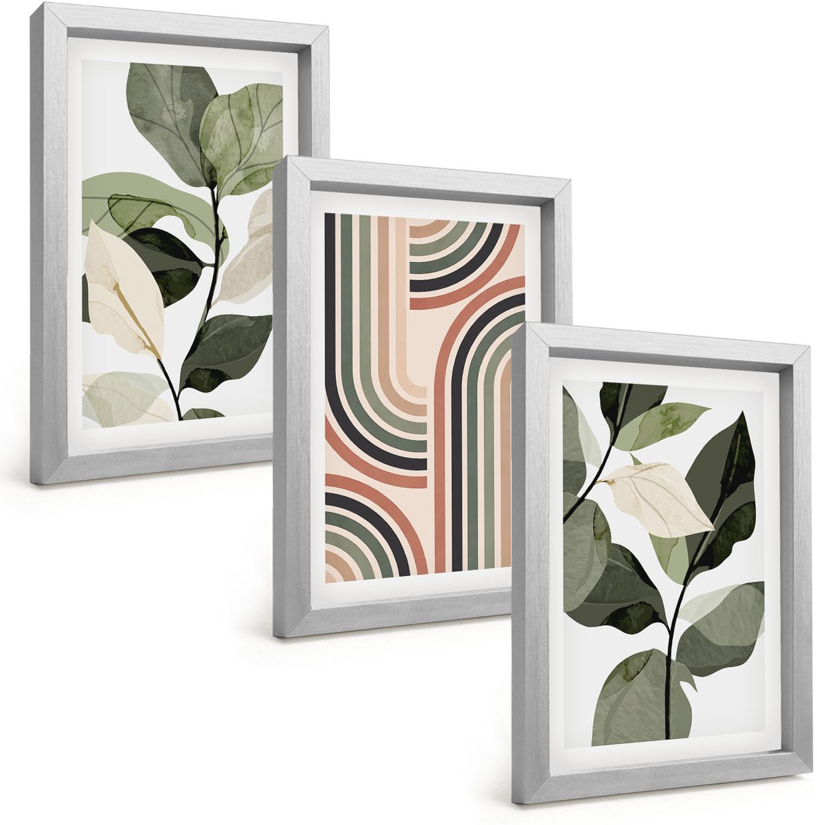 Tulup 4-Delige Schilderij Set - Plantmotieven met geometrische patronen in groene tinten - 20 x 30 cm - Wanddecoratie - Moderne Interieurdecoratie - Interieur Decoratie