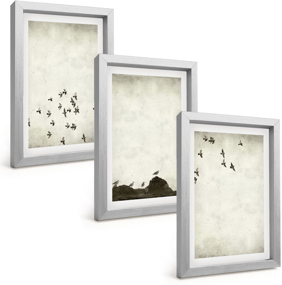 TULUP 4-Delige Schilderij Set - Vogels in vlucht, geschilderd in minimalistische stijl. - 20 x 30 cm - Decoratieve Schilderijen - Wanddecoratie - Hal - Stijlvolle Muurdecoratie Zilveren lijst