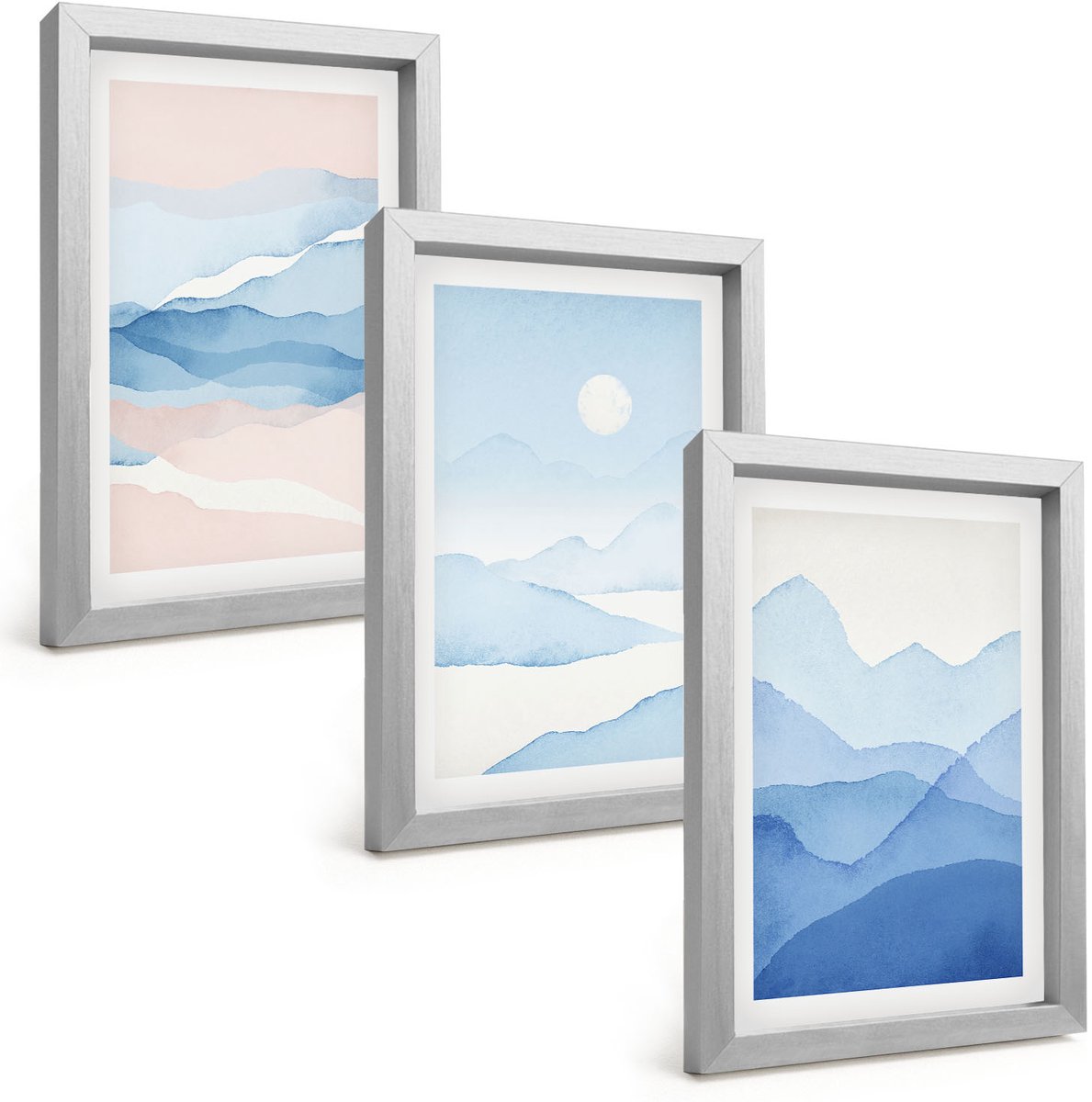 Tulup 4-Delige Schilderij Set - Blauwe en roze berglandschappen in aquarel - 20 x 30 cm - Stijlvolle Muurdecoratie - Slaapkamer - Wanddecoratie