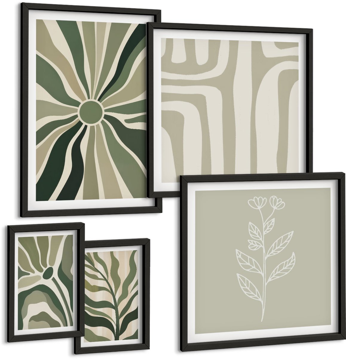 Tulup 4-Delige Schilderij Set - Abstracte plantenpatronen in groene tinten - 50 x 50 cm, 20 x 30 cm en 40 x 60 cm - Wanddecoratie - Woonkamer Decoratie - Interieur Decoratie