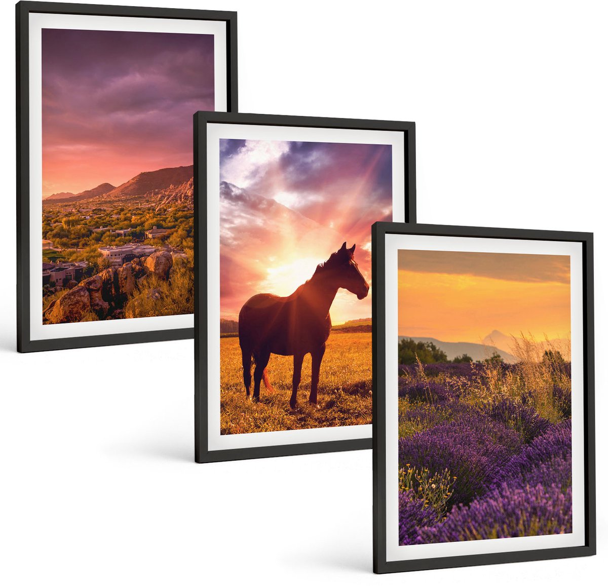 Tulup 4-Delige Schilderij Set - Berglandschappen met paarden en lavendelvelden - 40 x 60 cm - Muurdecoratie - Interieur Decoratie