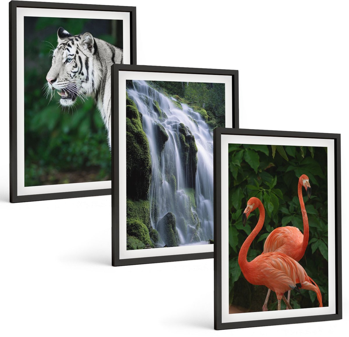 Tulup 4-Delige Schilderij Set - Tijgerwaterval en roze flamingo's in de natuur - 40 x 60 cm - Decoratieve Schilderijen - Wanddecoratie - Hal