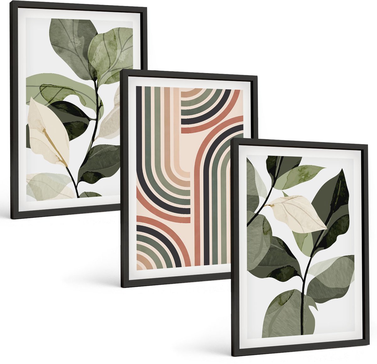 Tulup 4-Delige Schilderij Set - Plantmotieven met geometrische patronen in groene tinten - 40 x 60 cm - Muurdecoratie - Interieur Decoratie - Stijlvolle Muurdecoratie