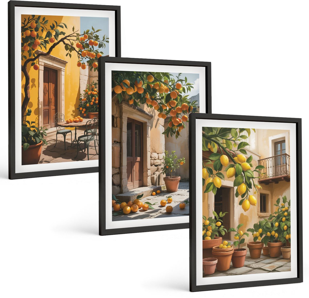 Tulup 4-Delige Schilderij Set - Citrusvruchten in een zonnige binnenplaats met planten - 40 x 60 cm - Stijlvolle Muurdecoratie - Kantoor - Interieur Decoratie