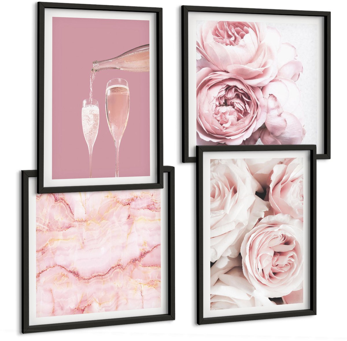 Tulup 4-Delige Schilderij Set - Champagnekleurige rozen en een pastelkleurige marmeren achtergrond - 40 x 40 cm en 40 x 60 cm - Stijlvolle Wanddecoratie - Interieur - Woonkamer Decoratie