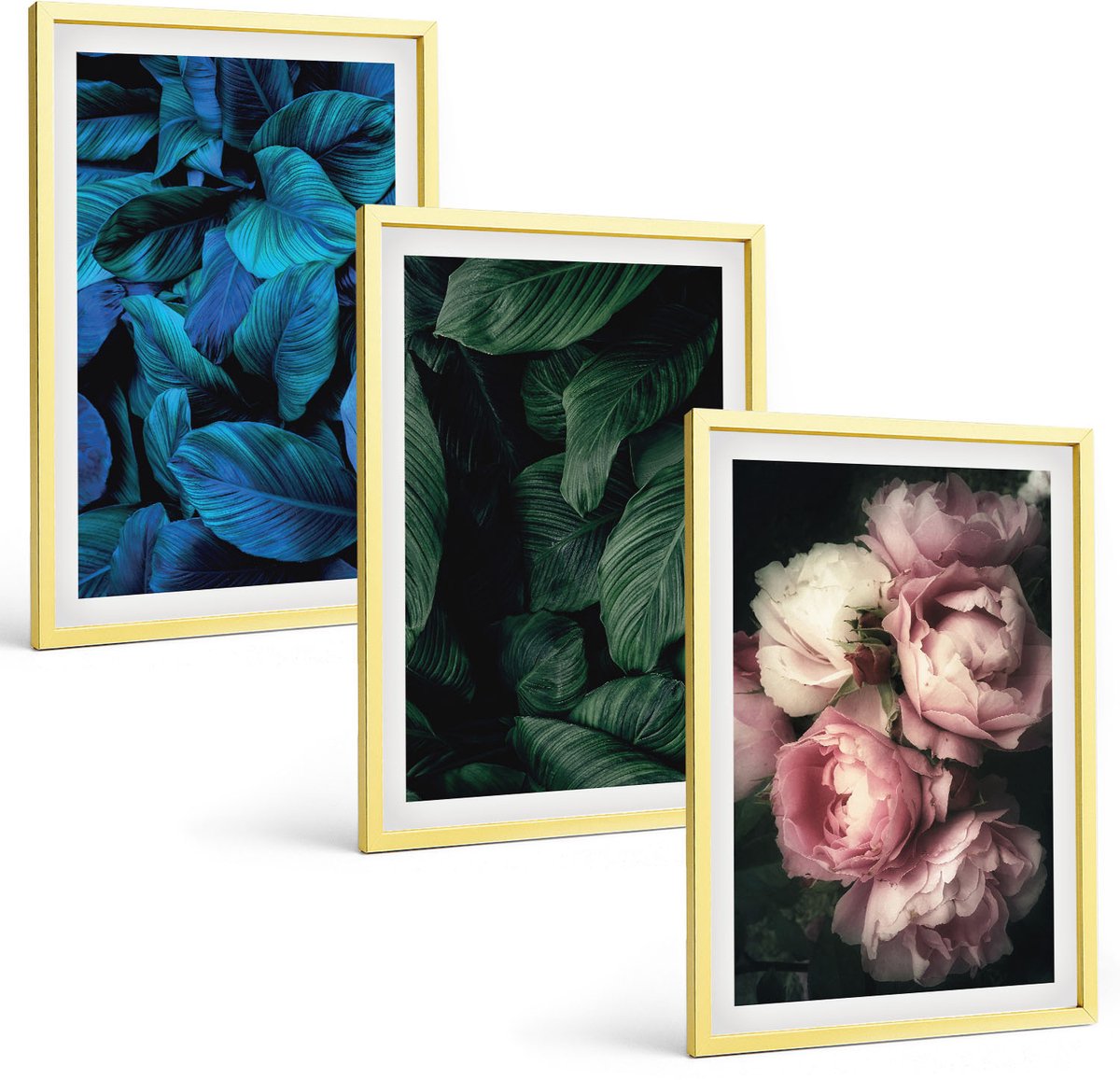 TULUP 4-Delige Schilderij Set - Bladeren en bloemen in verschillende kleuren - 40 x 60 cm - Decoratieve Muurdecoratie - Slaapkamer - Moderne Wanddecoratie Gouden lijst