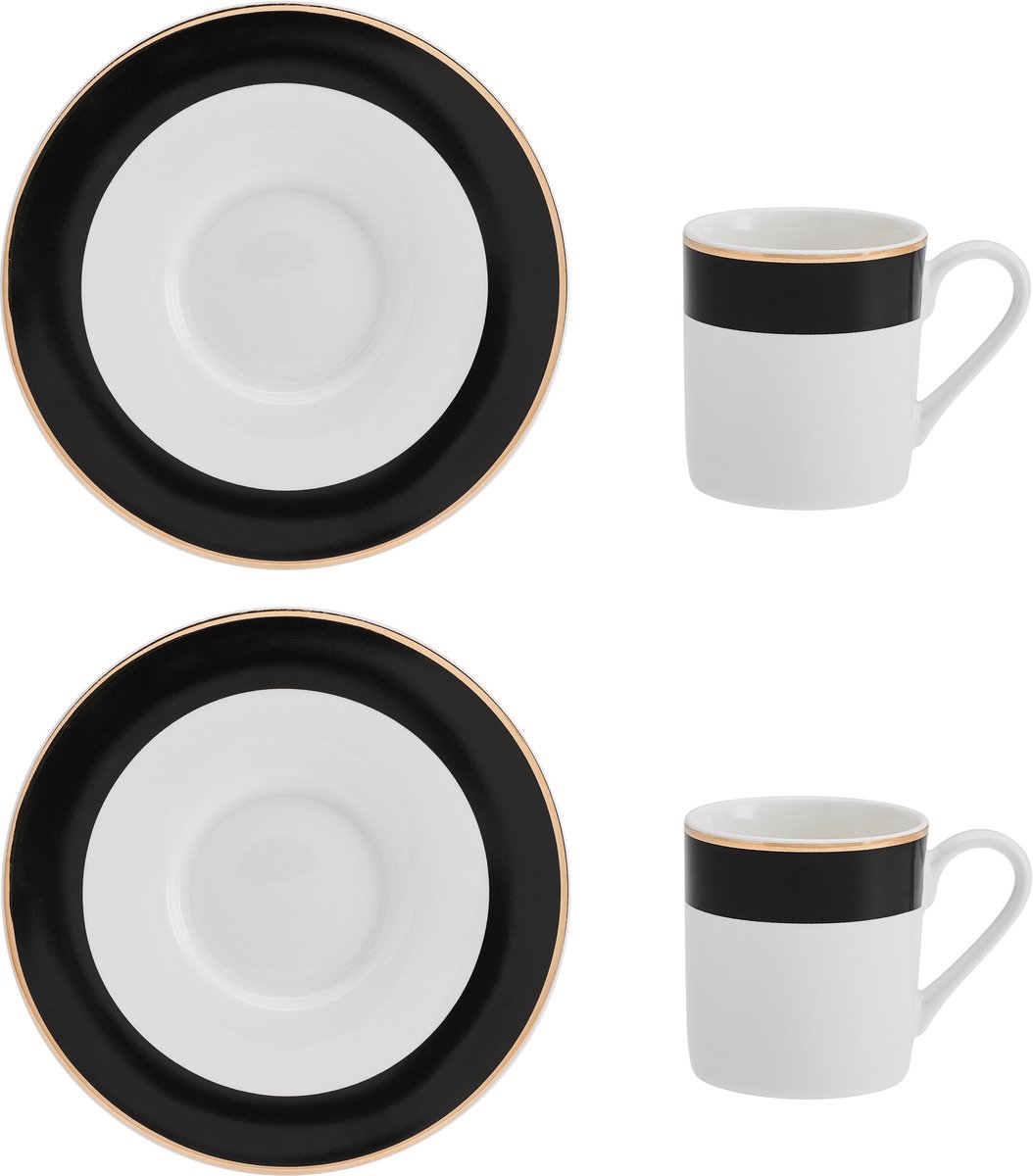 Mikasa - Espressokopjes met Schoteltjes - Luxe Deco - Zwart Wit Goud - Set van 2 - 100ml