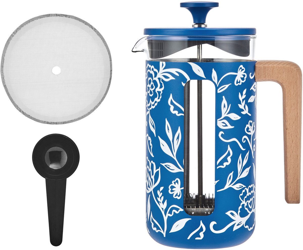 La Cafetière - Pisa Cafetière - RVS - Houten Handvat - Blu Fiorato - 8 Kops - 1L