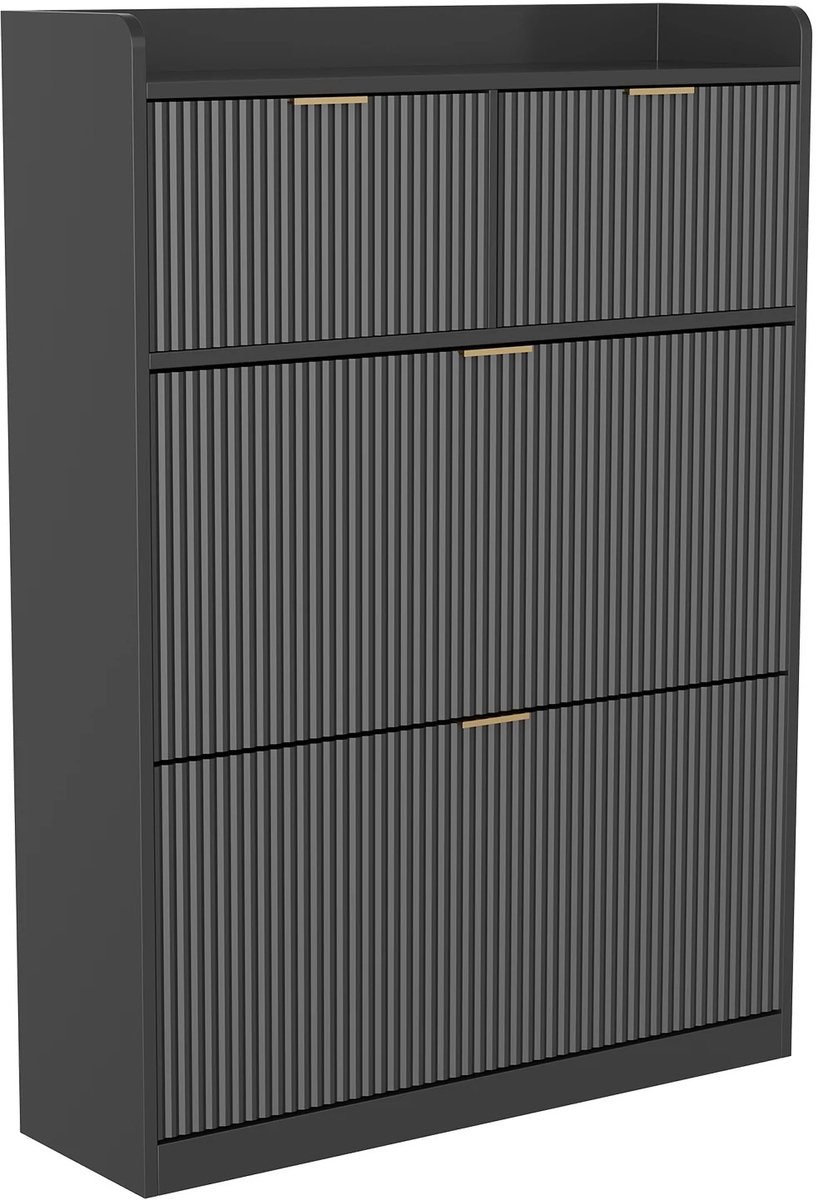 Emvae Schoenenkast - Schoenenkast met Deuren - Schoenenopbergkast voor Hal en Entree - 2 Kleppen en 2 Laden - 80 x 24 x 110 cm - MDF - Zwart