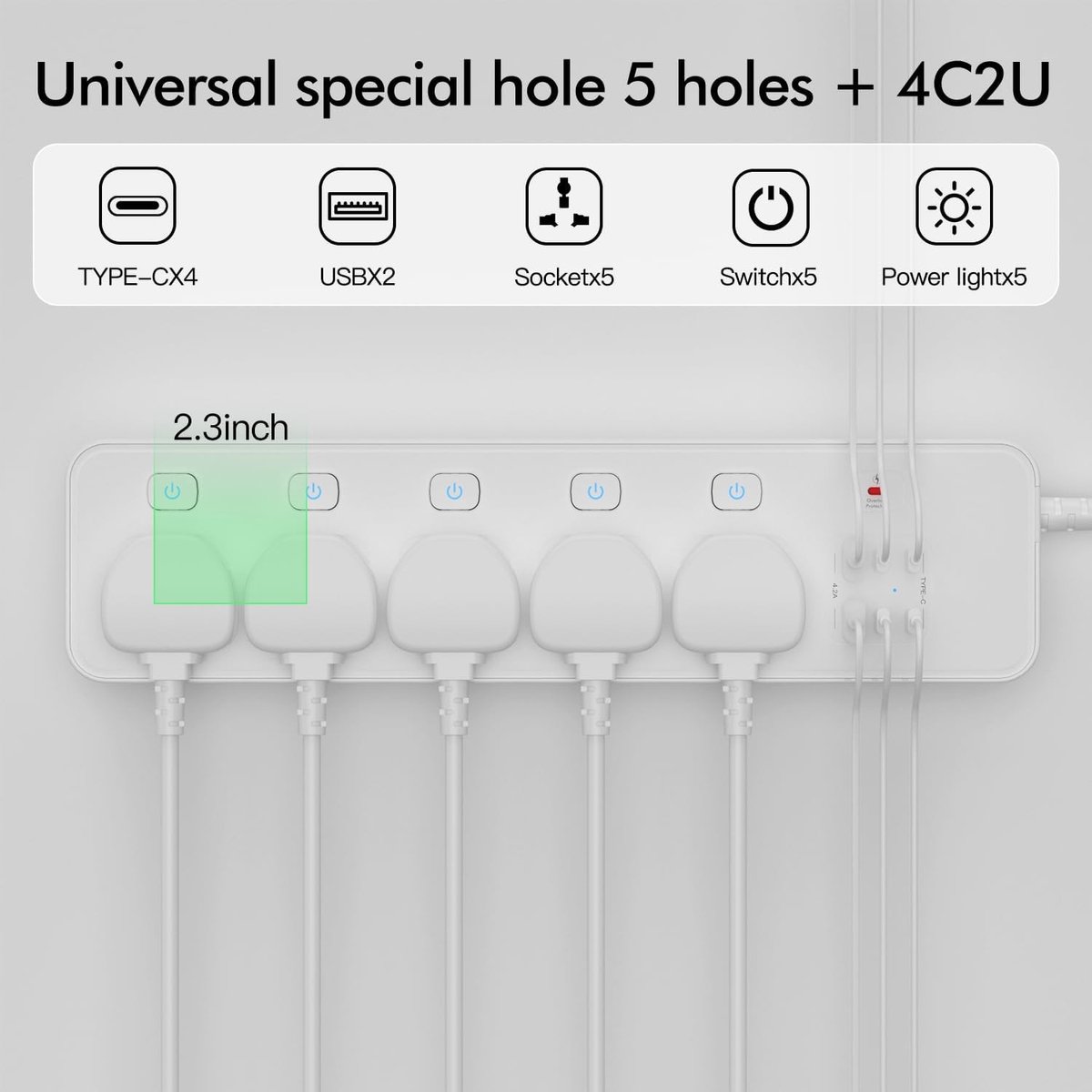 Stekkerdoos met USB - Wit - Meervoudig Stopcontact met 5 Stopcontacten en 1,8 m Verlengkabel - Voor Thuis en Kantoor
