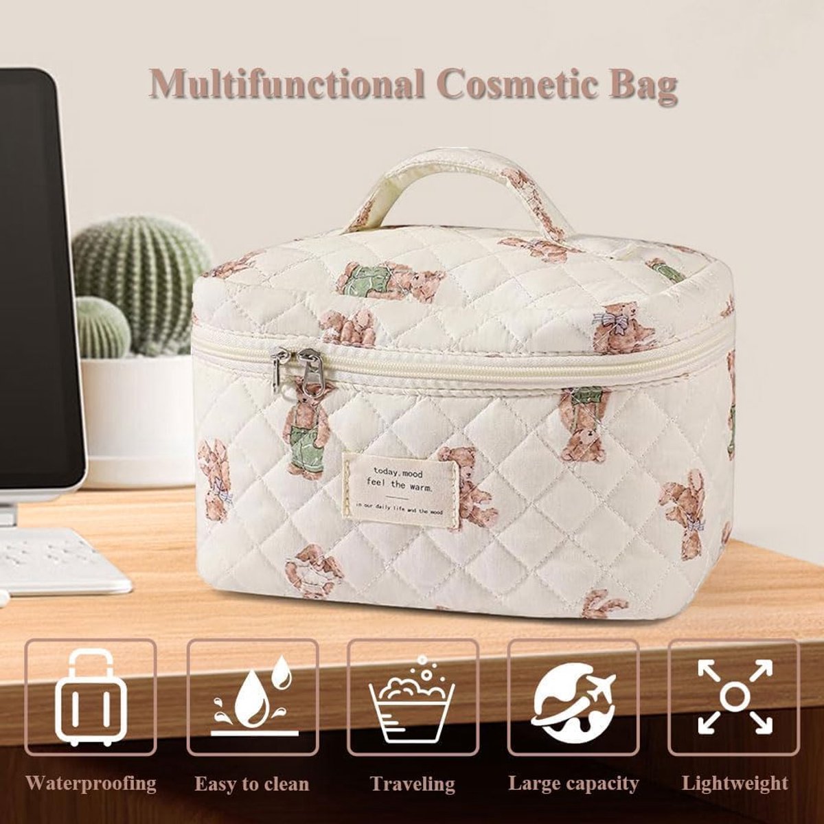 Make-uptas dames groot - beige katoen met bloemen - stijlvolle toilettas - ideaal voor reizen - ShopVlot