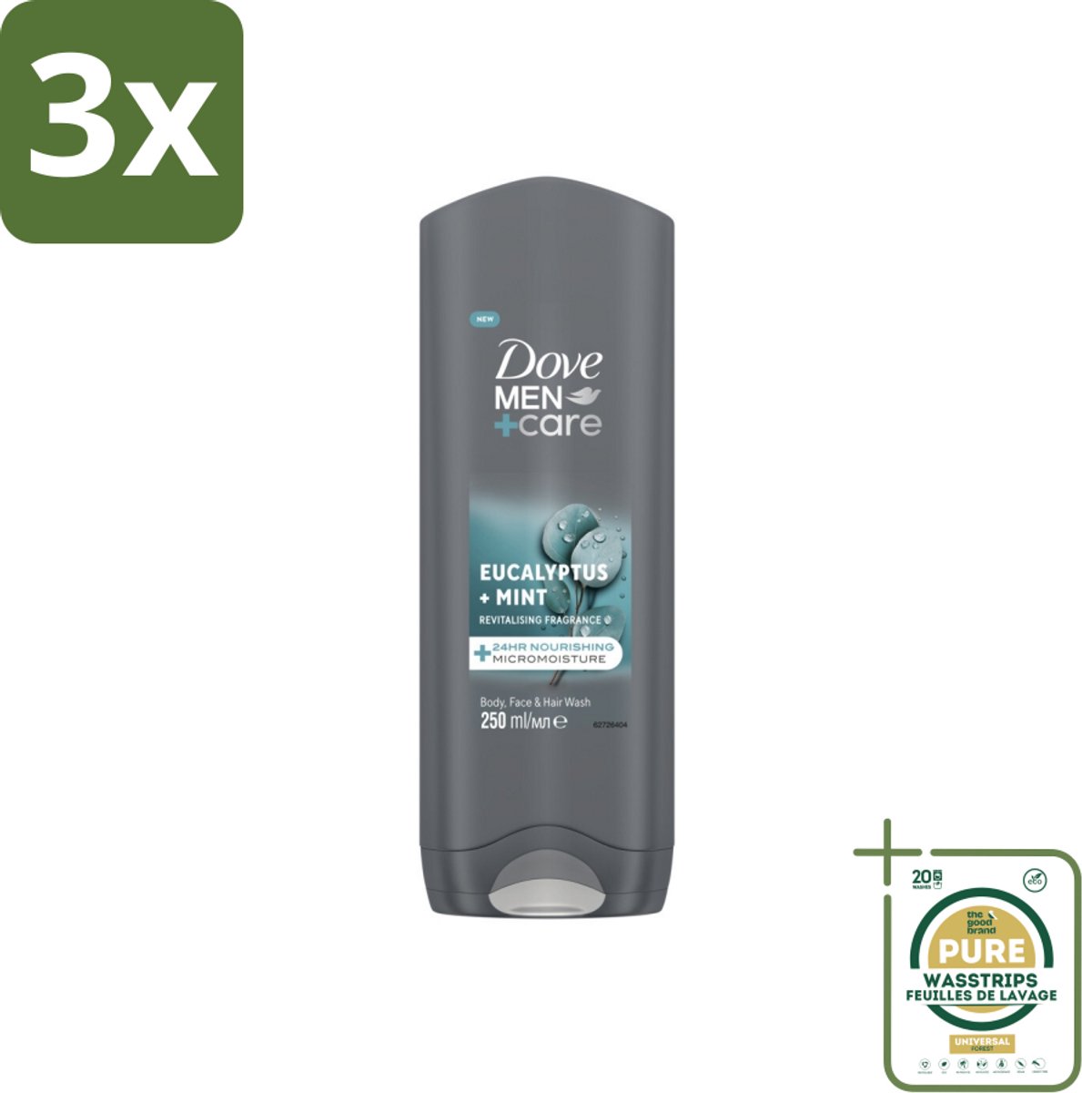 3 x Dove Men+Care Douchegel - Eucalyptus & Mint - 250 ml - Grootverpakking - Douchegel Mannen - Hydraterend Bodywash - Gezicht En Haar Verzorging - Eucalyptus En Munt - 3-in-1 Bodywash