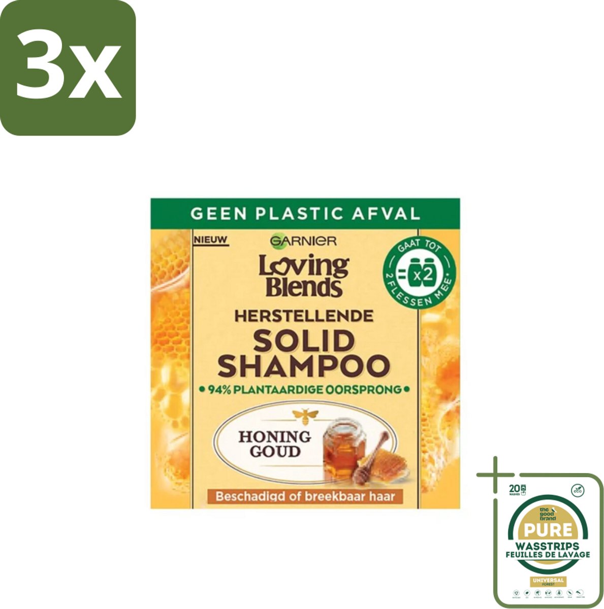 3 x Garnier - Loving Blends - Solid Shampoo - Honing Goud - Beschadigd of Breekbaar Haar - 1 Fles Shampoo - Grootverpakking - Solid Shampoo - Beschadigd Haar - Breekbaar Haar - Honing - Bijenbalsem