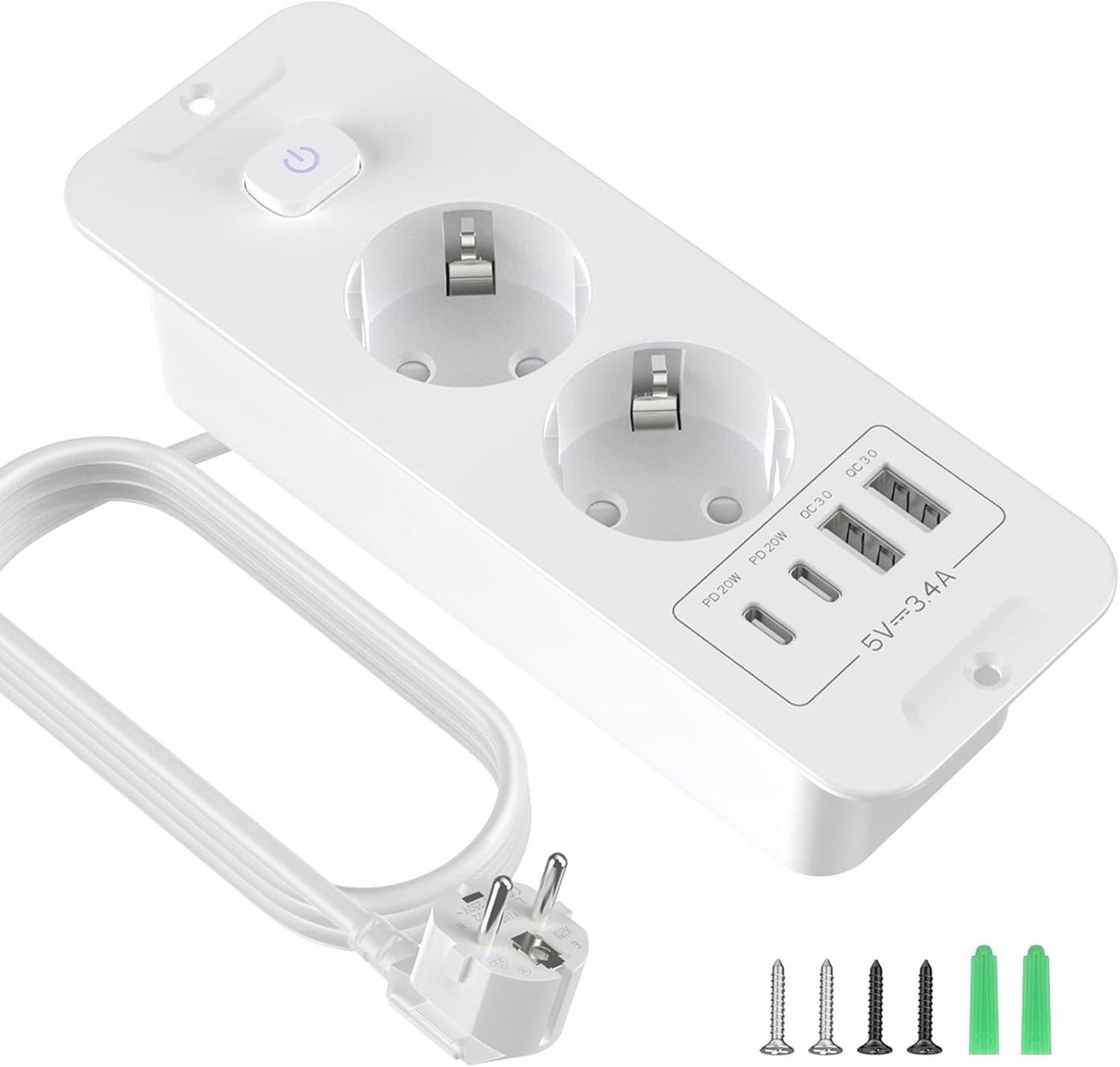 Inbouwstopcontact - Wit - 2-voudig - Met USB-A en USB-C - Voor Thuis en Kantoor