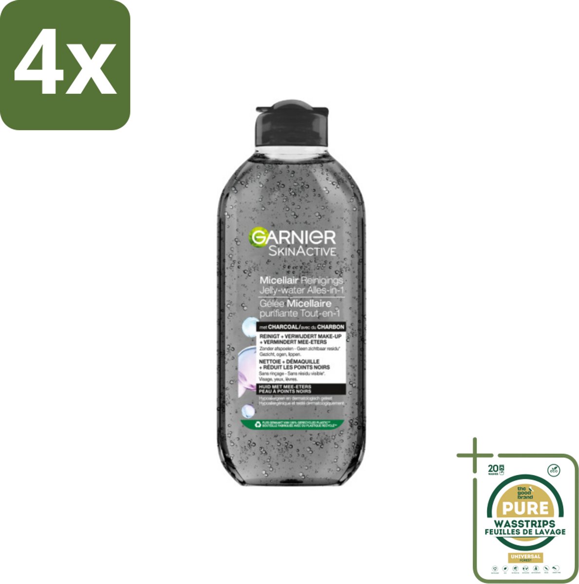 Garnier - SkinActive - Micellair Jelly-water - Alles-in-1 - Charcoal - 400 ml - Voordeelverpakking - 4 stuks - Houtskool - Gezichtsreiniger