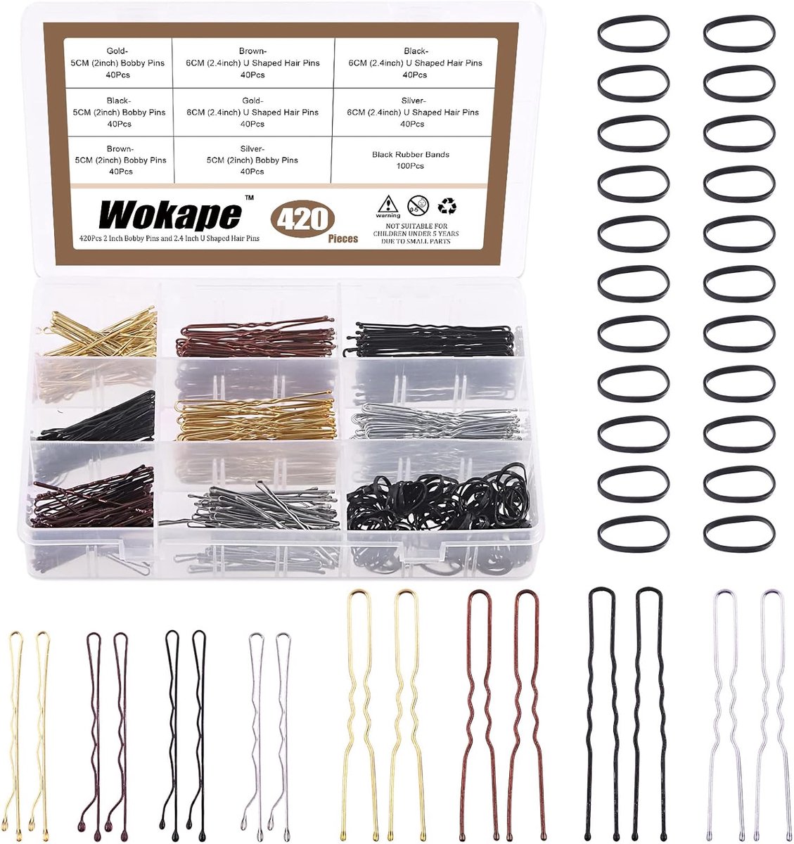 420 Pcs 6 Inch Bobby Pins and 2.4 Inch U-Shaped Hairpins with Black Rubber Bands, Soft Elastic Bands, Assortment Set - ShopVlot